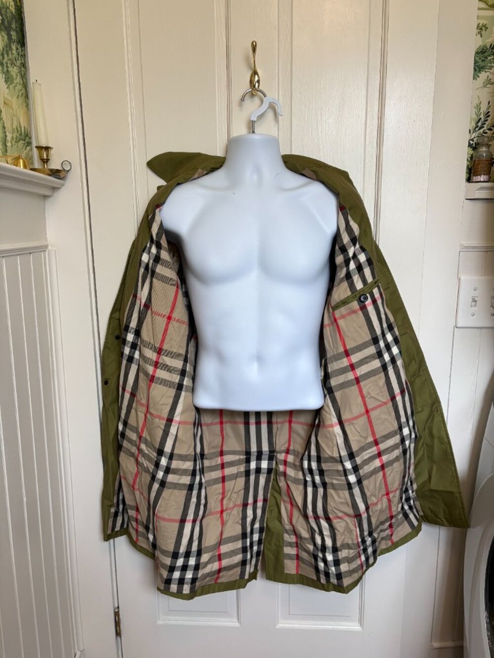Burberry London Men’s Car Coat Olive Green Nova Check Lined Cotton Raincoat